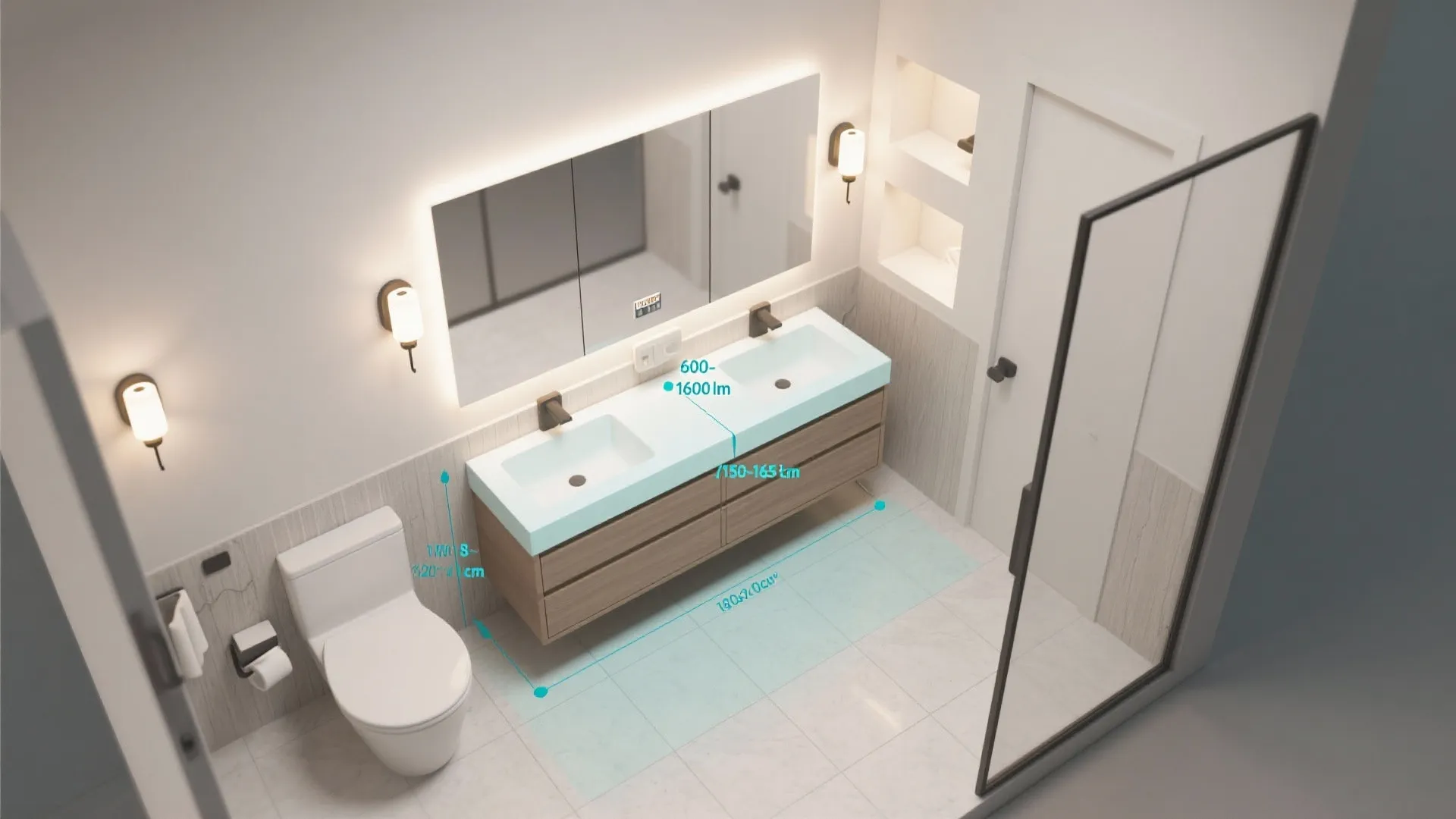 Modern bathroom layout showing double sink cabinet, backlit mirror, wall lights, toilet, and technical lighting details