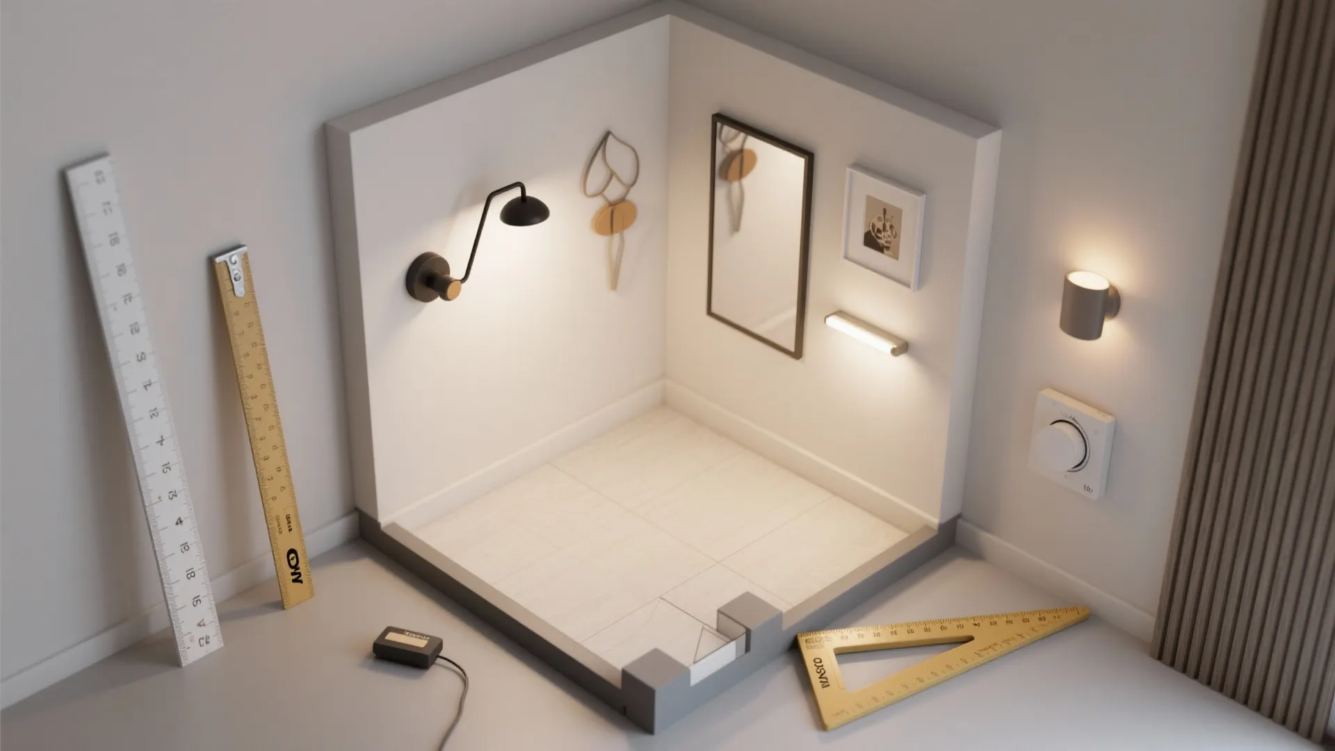 A small room model with white walls including wall lights and various measuring tools around