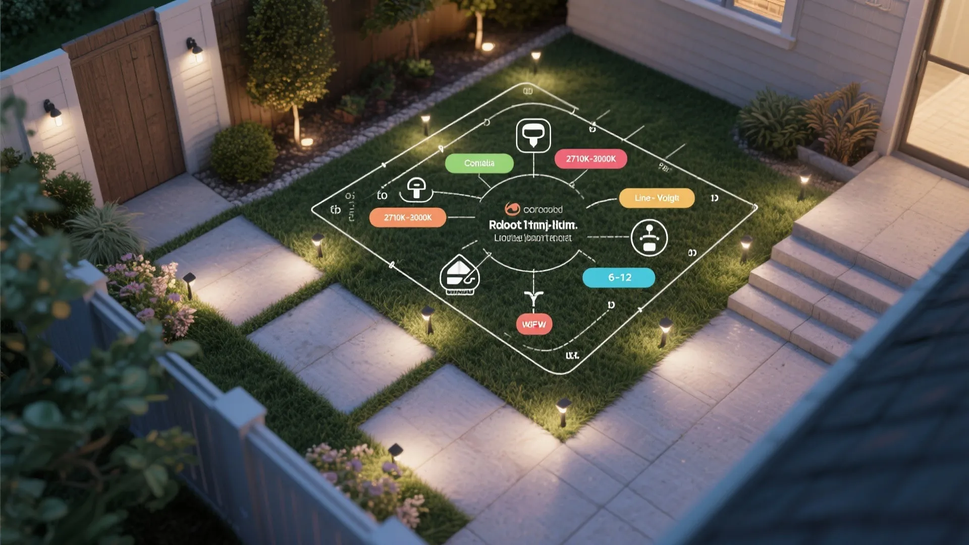 Top-down yard plan infographic showing recommended fixture types, counts, and placements for a small backyard.