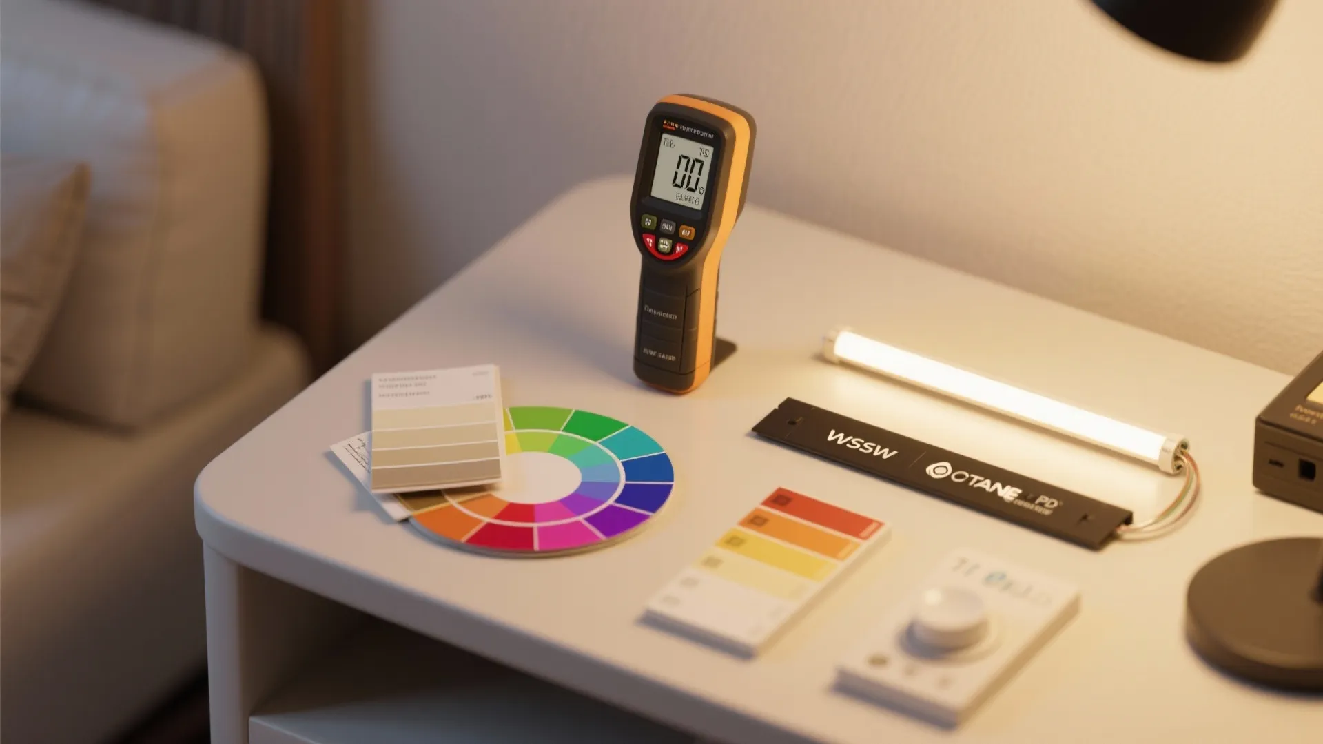 Digital light meter and color wheel tool on white table beside light bar and samples