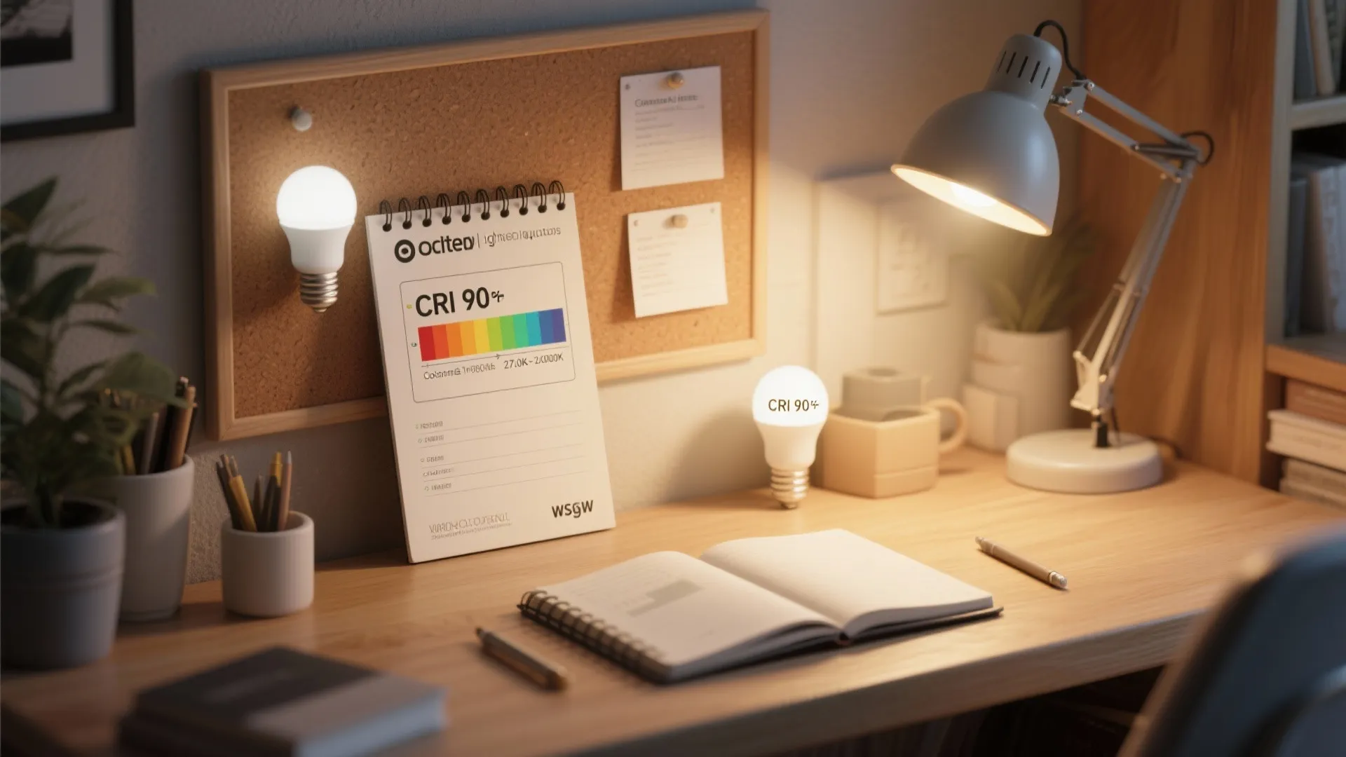 Designer workspace with LED samples, CRI labels, and color temperature notes