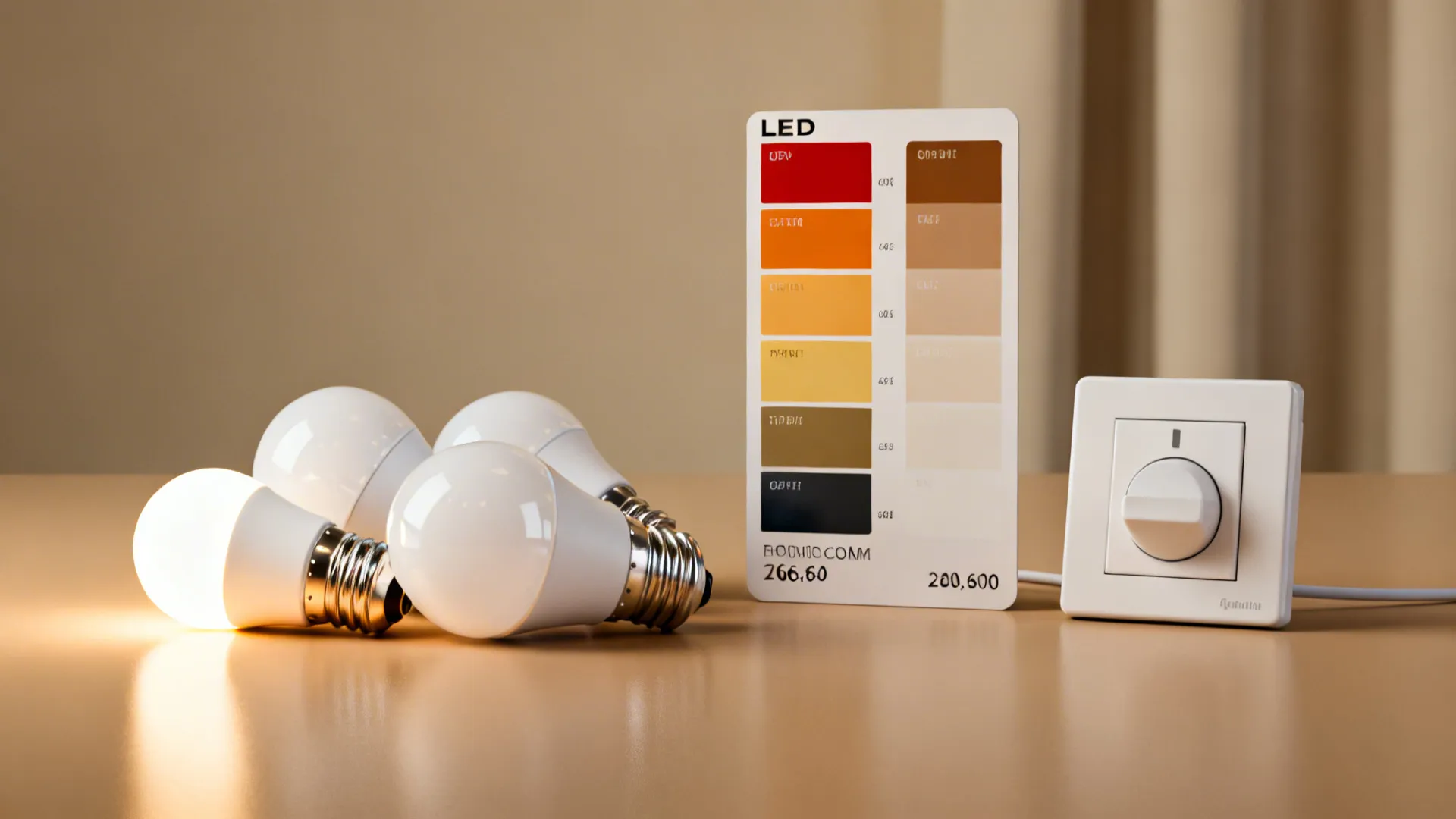 LED bulbs, color temperature swatch and dimmer illustrating common lighting FAQs.