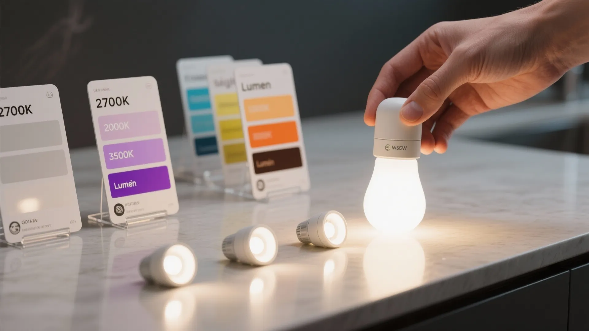 Macro view of temperature and lumen sample cards with a smart bulb illustrating FAQs about color temperature and brightness.