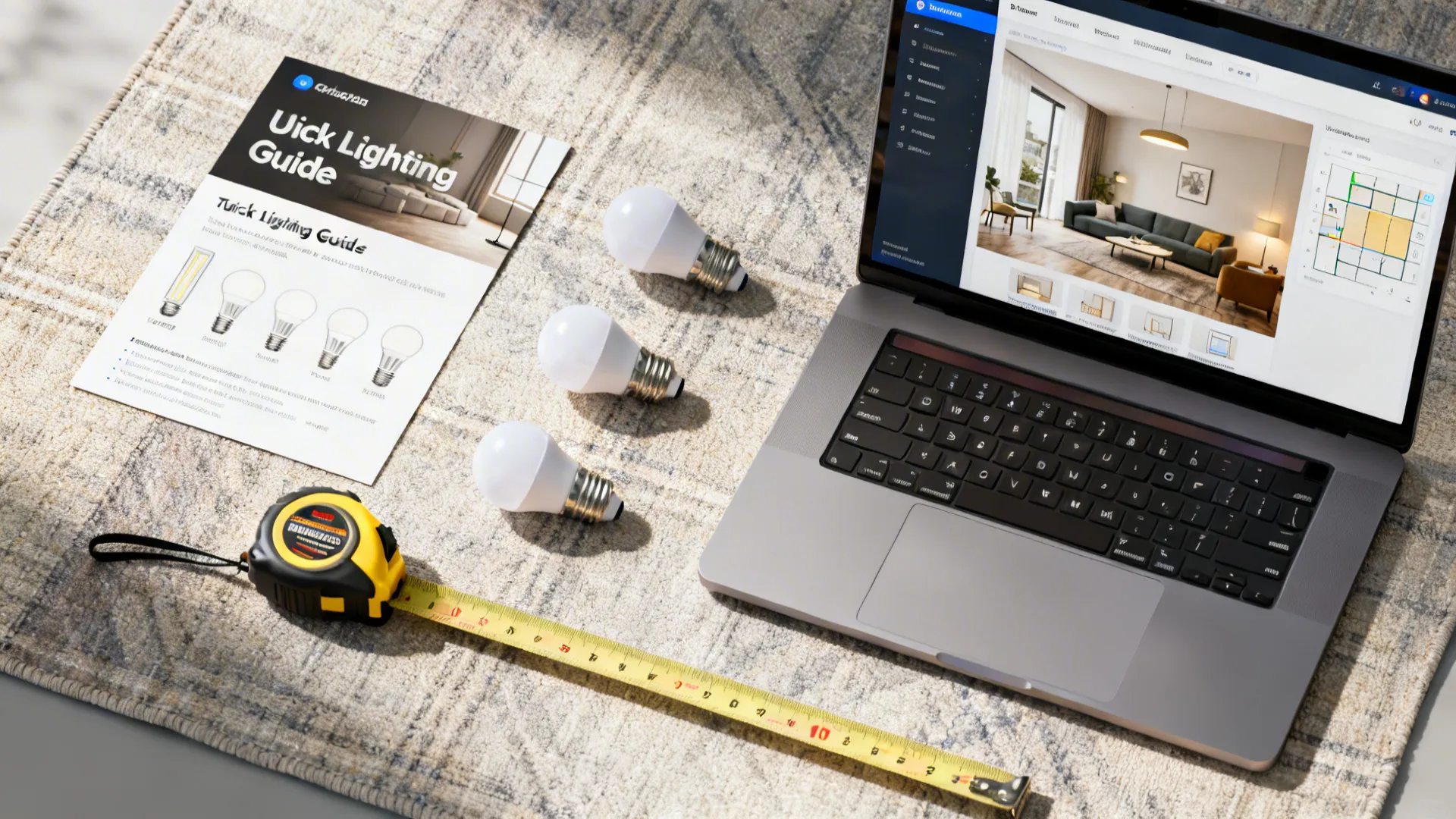 Flatlay of lighting planning tools: bulbs, tape measure and online room planner on a laptop