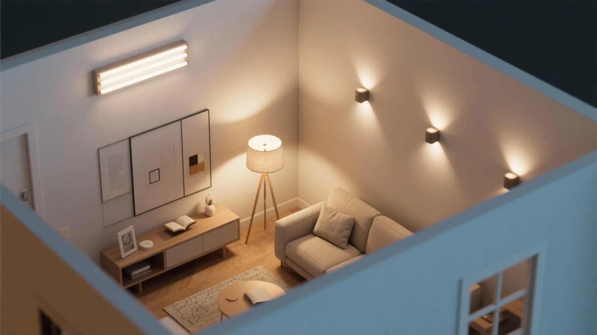 Interior design drawing showing room layout with sofa floor lamp wall lights and small cabinet