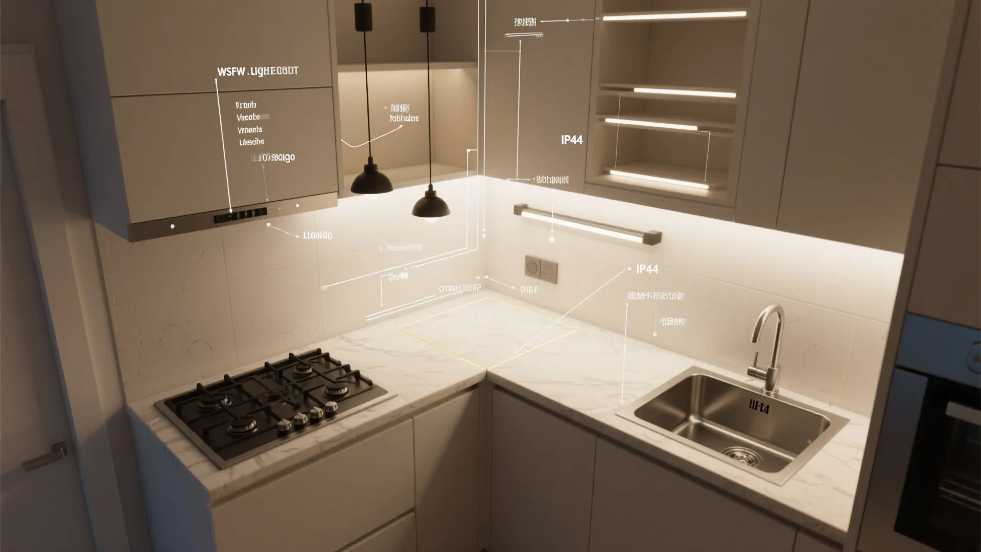 Interior design drawing of kitchen corner showing light fixture placement above stove and marble sink