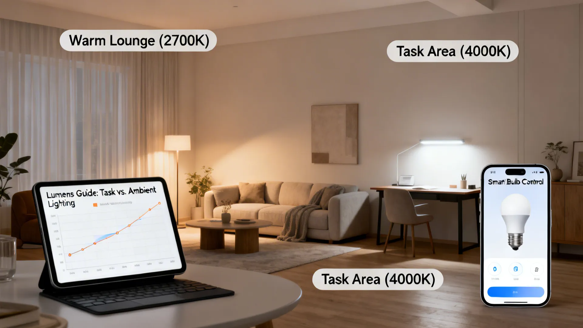 Living room interior design drawing showing warm lounge and cool task lighting with smart phone control