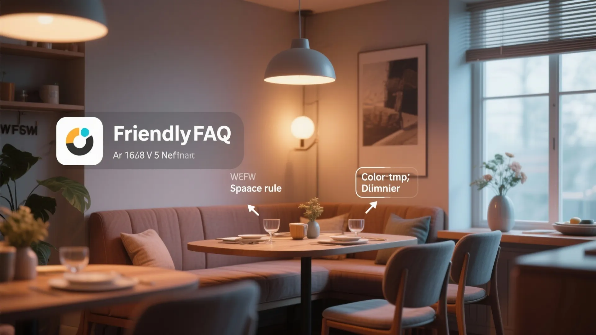 Dining corner with subtle callouts illustrating color temperature, spacing, and dimmer guidance.