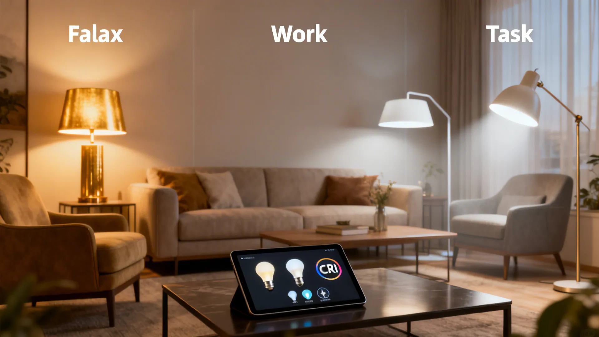 Living room with zones labeled relax, work, and task, each lit by different color temperatures and a tablet showing CRI info.