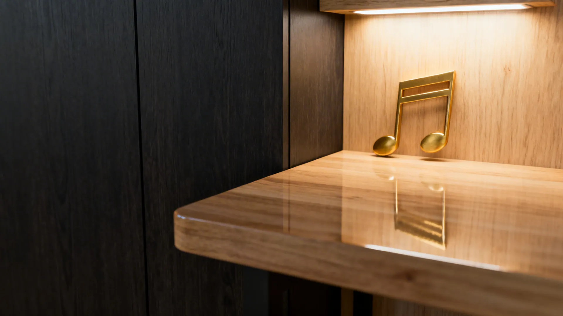 Gold music note on polished wood shelf with warm light and dark wood wall panel