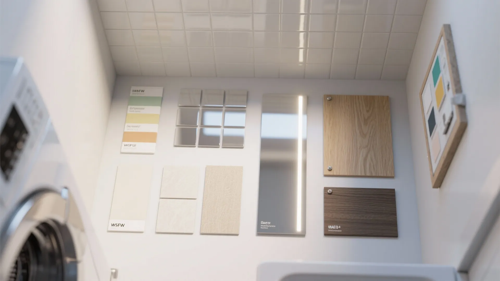 Interior design mood board showing wood panels tile samples color swatches and a slim light fixture