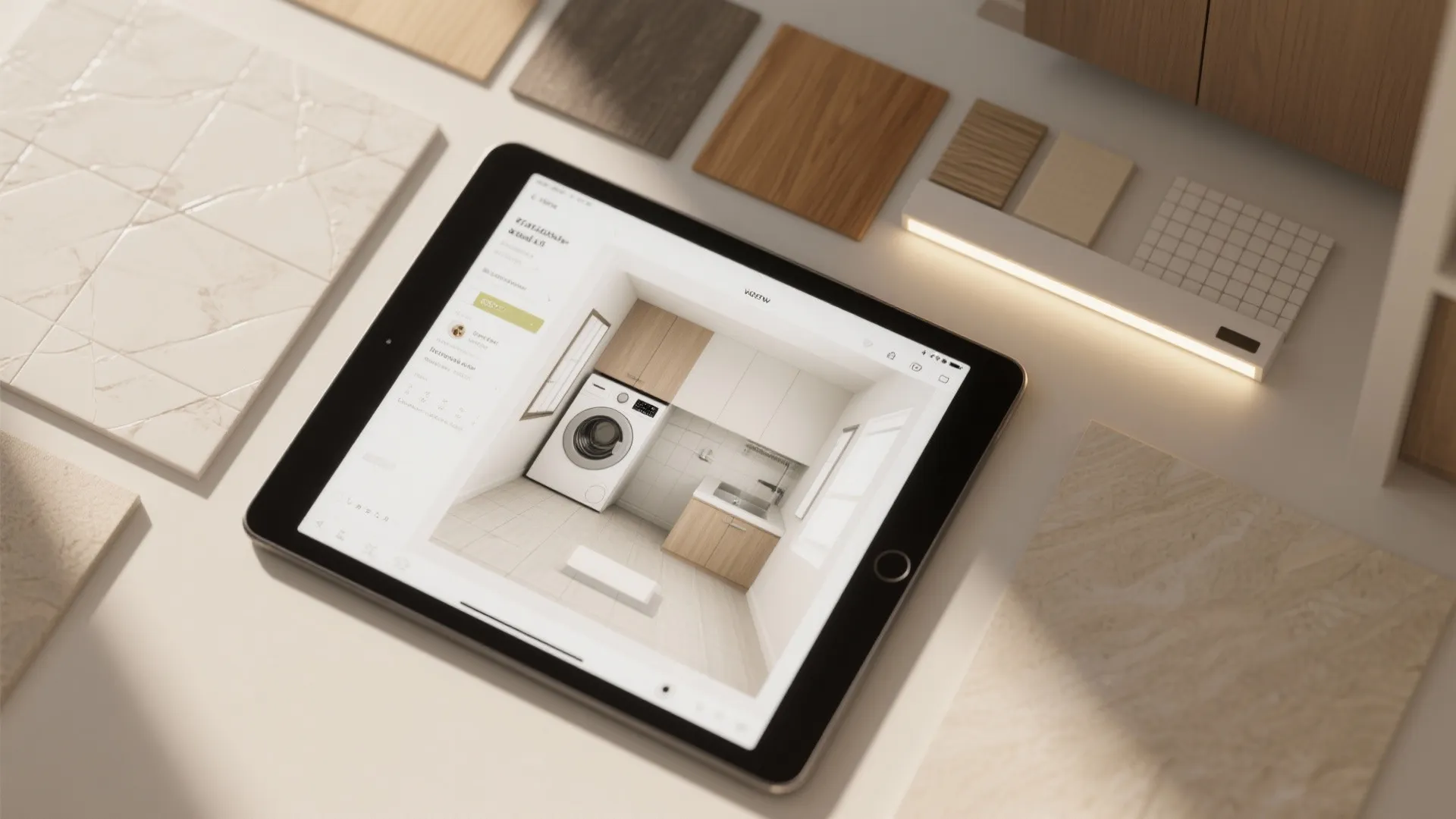 Tablet showing interior design drawing surrounded by wood samples marble tiles and small light fixture