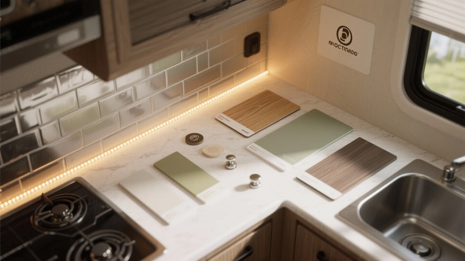 Kitchen countertop with material samples, marble surface, sink, stove, tile backsplash, and warm strip lighting