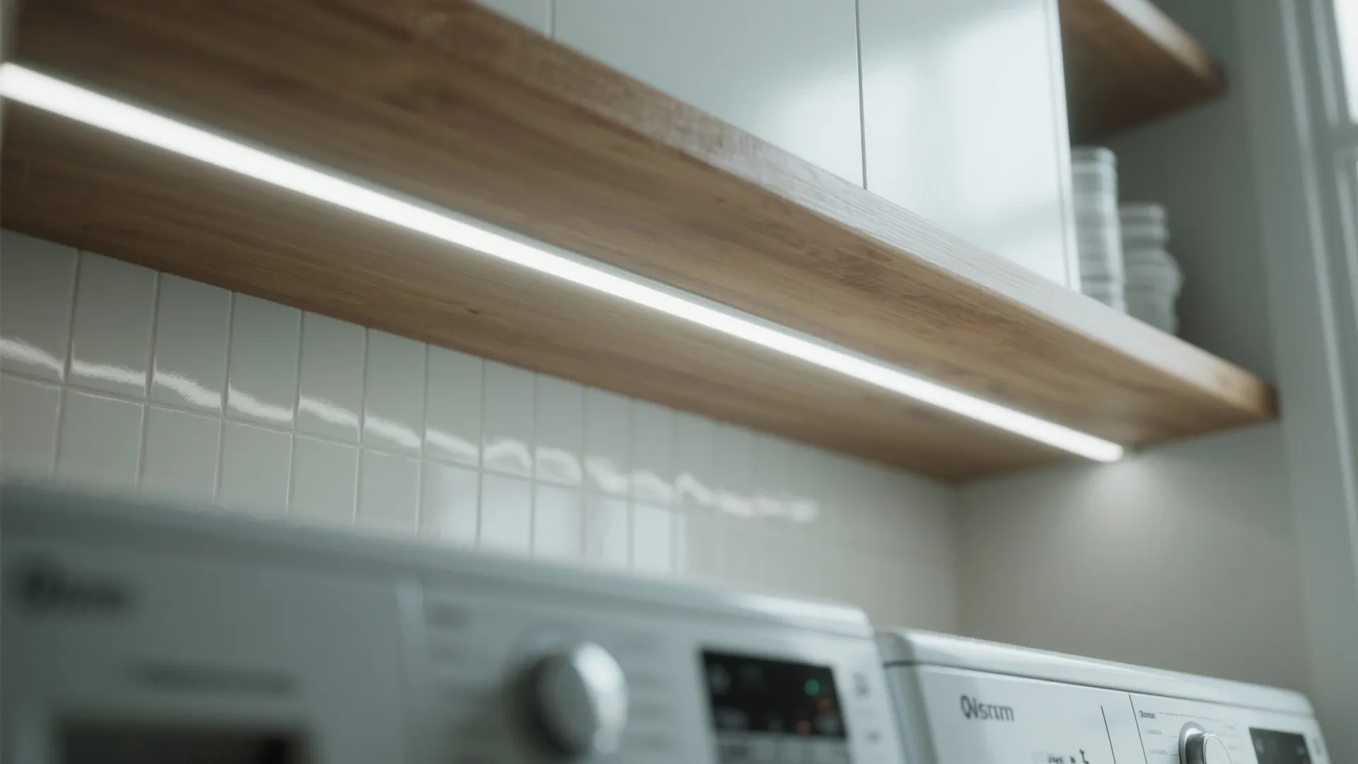 Close-up of a bright light fixture installed under a wooden shelf above white washing machines