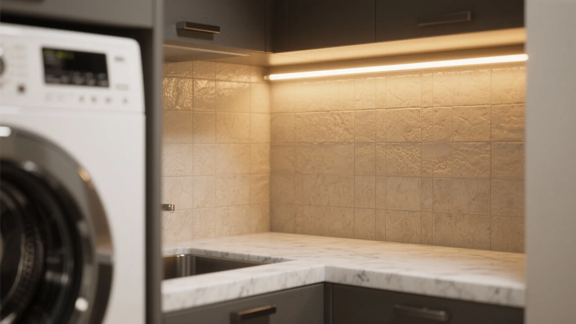 Laundry area with warm light fixture under dark cabinets marble counter tiled wall and washing machine
