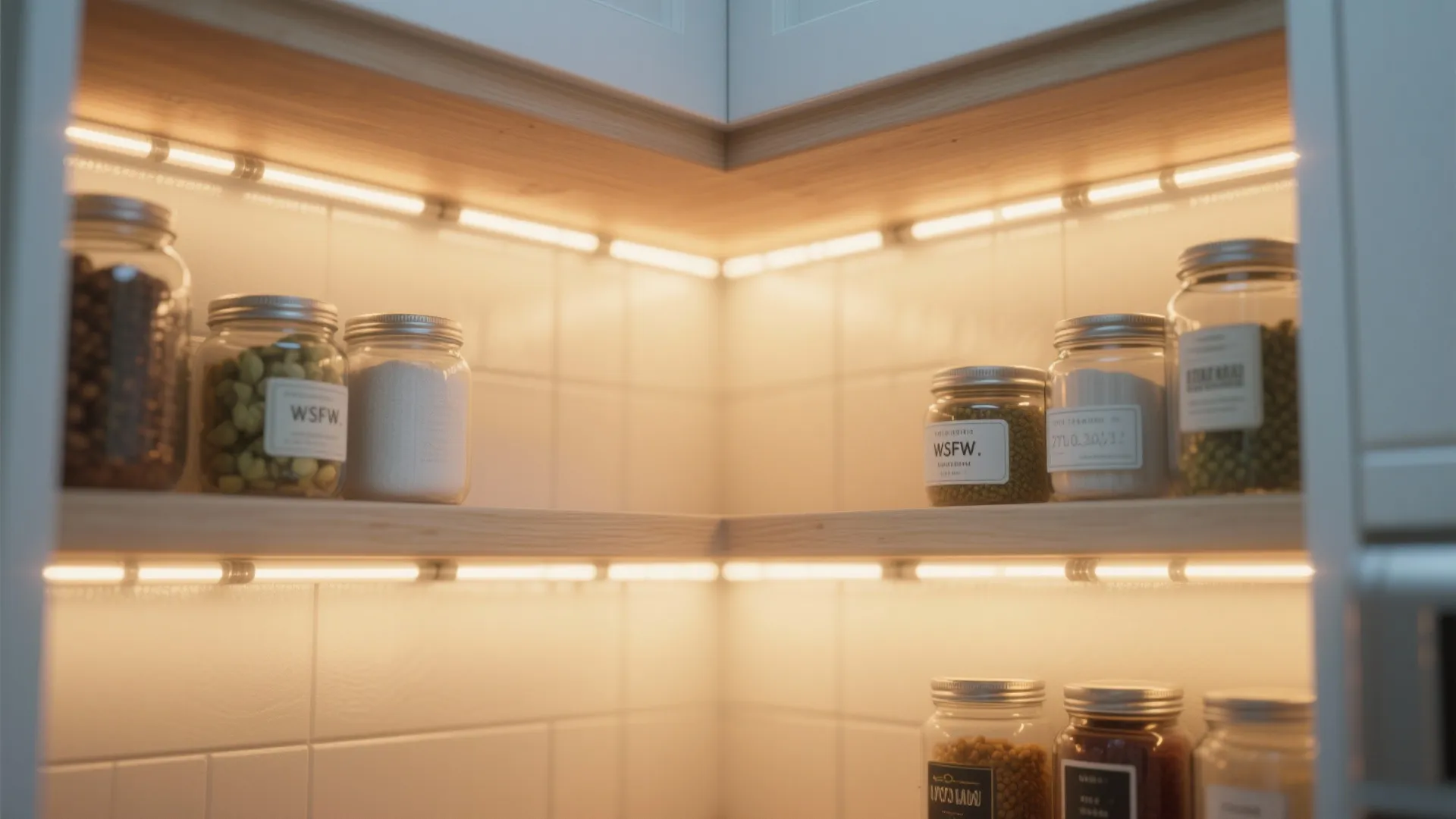 Kitchen pantry wood shelves with glass food jars illuminated by warm integrated led light strip fixtures