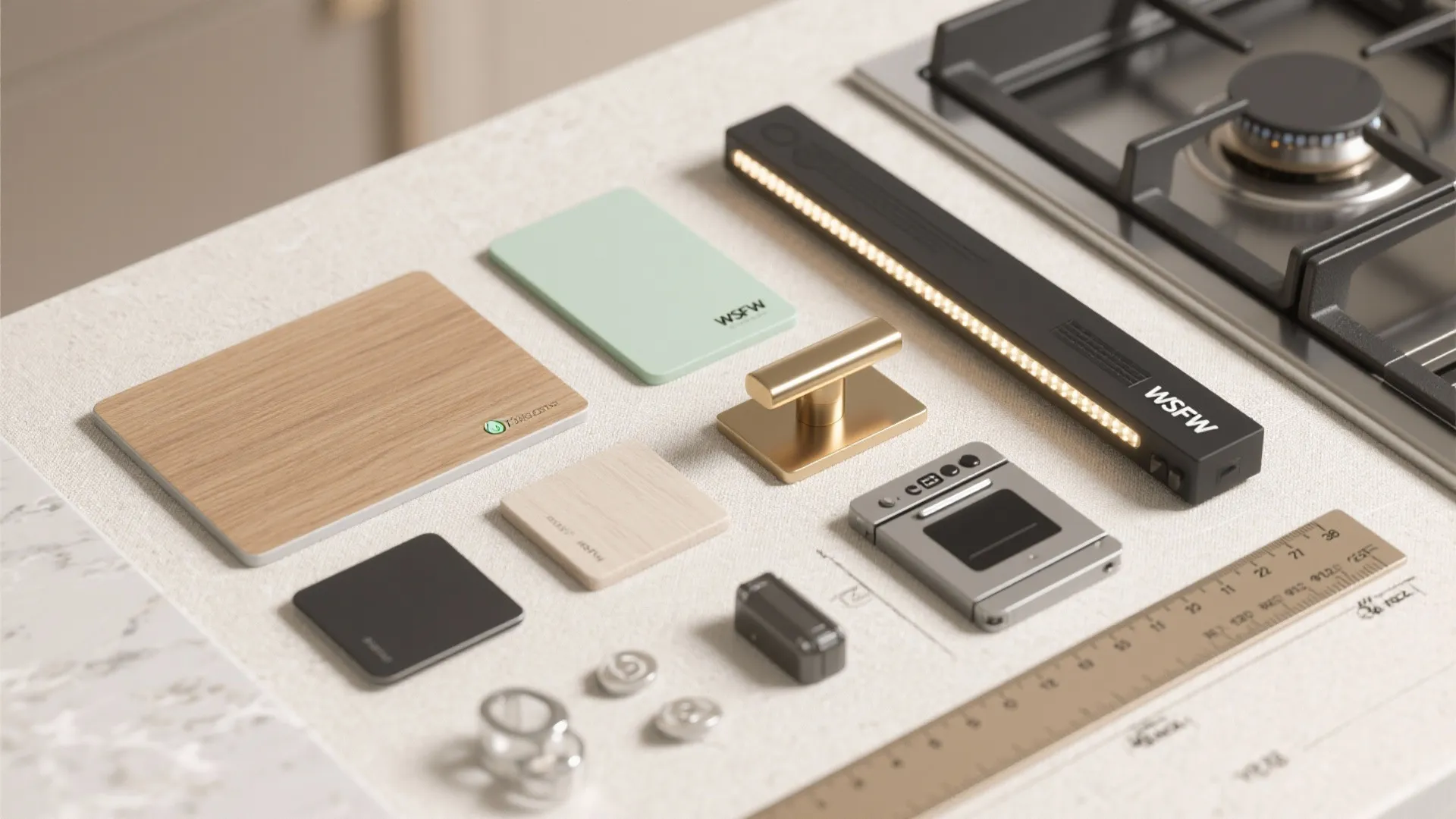 Interior design material samples including wood green panels gold handle light fixture and gas stove