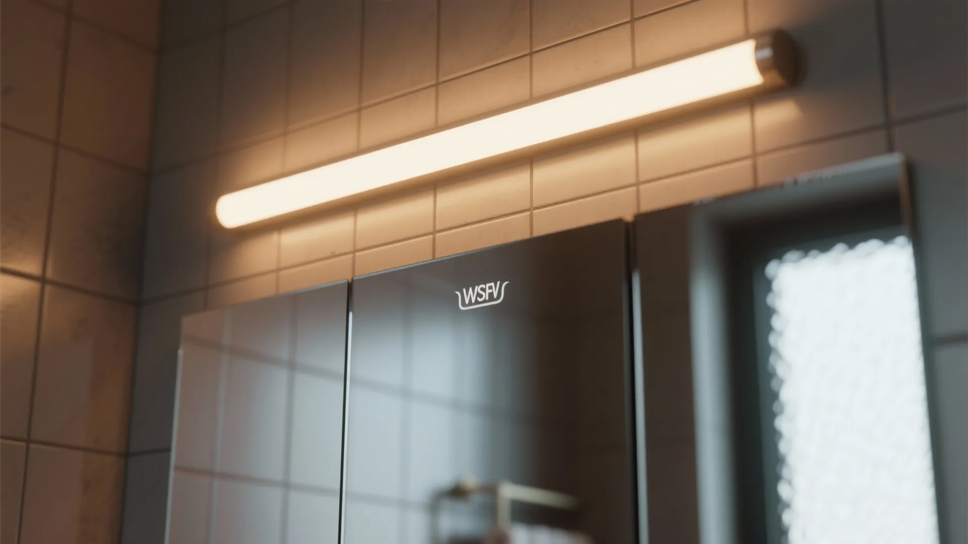 Modern wall light fixture mounted above a bathroom mirror with grey wall tiles and glass