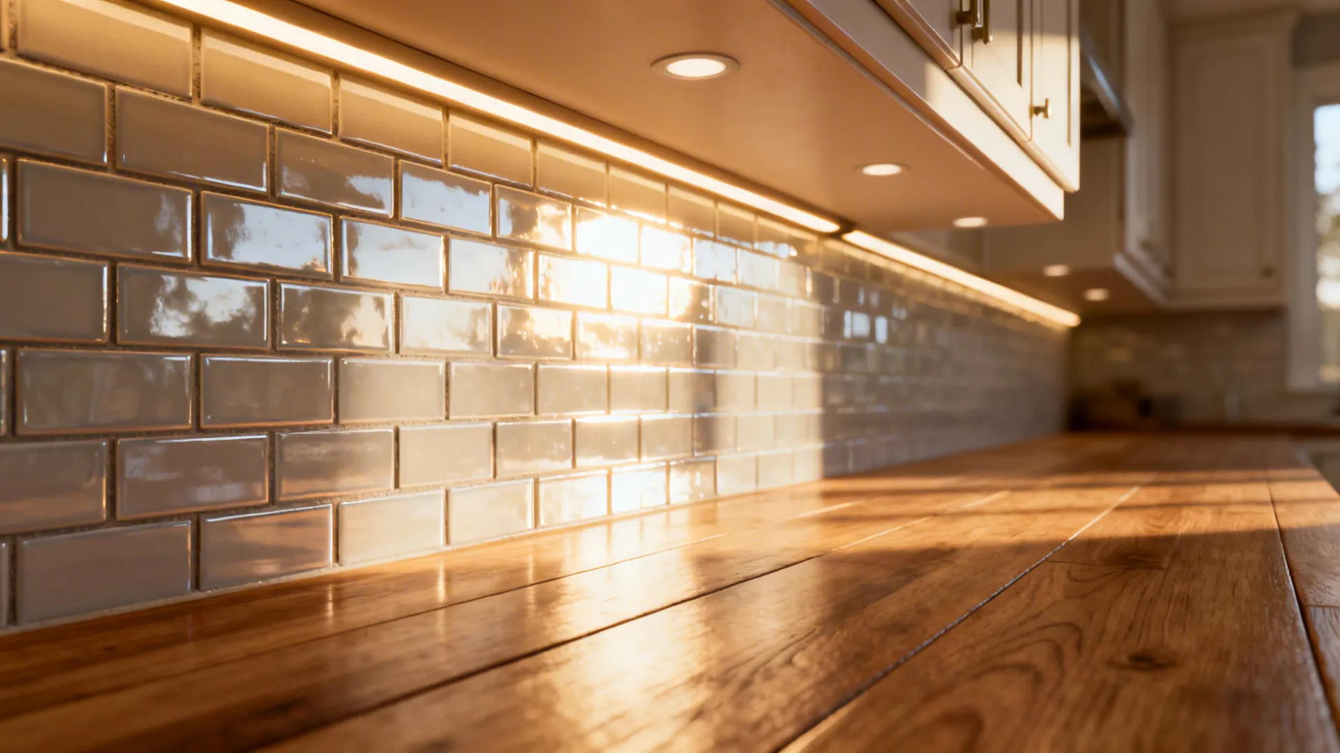 Reflective backsplash and under-cabinet lighting expanding a small kitchen visually