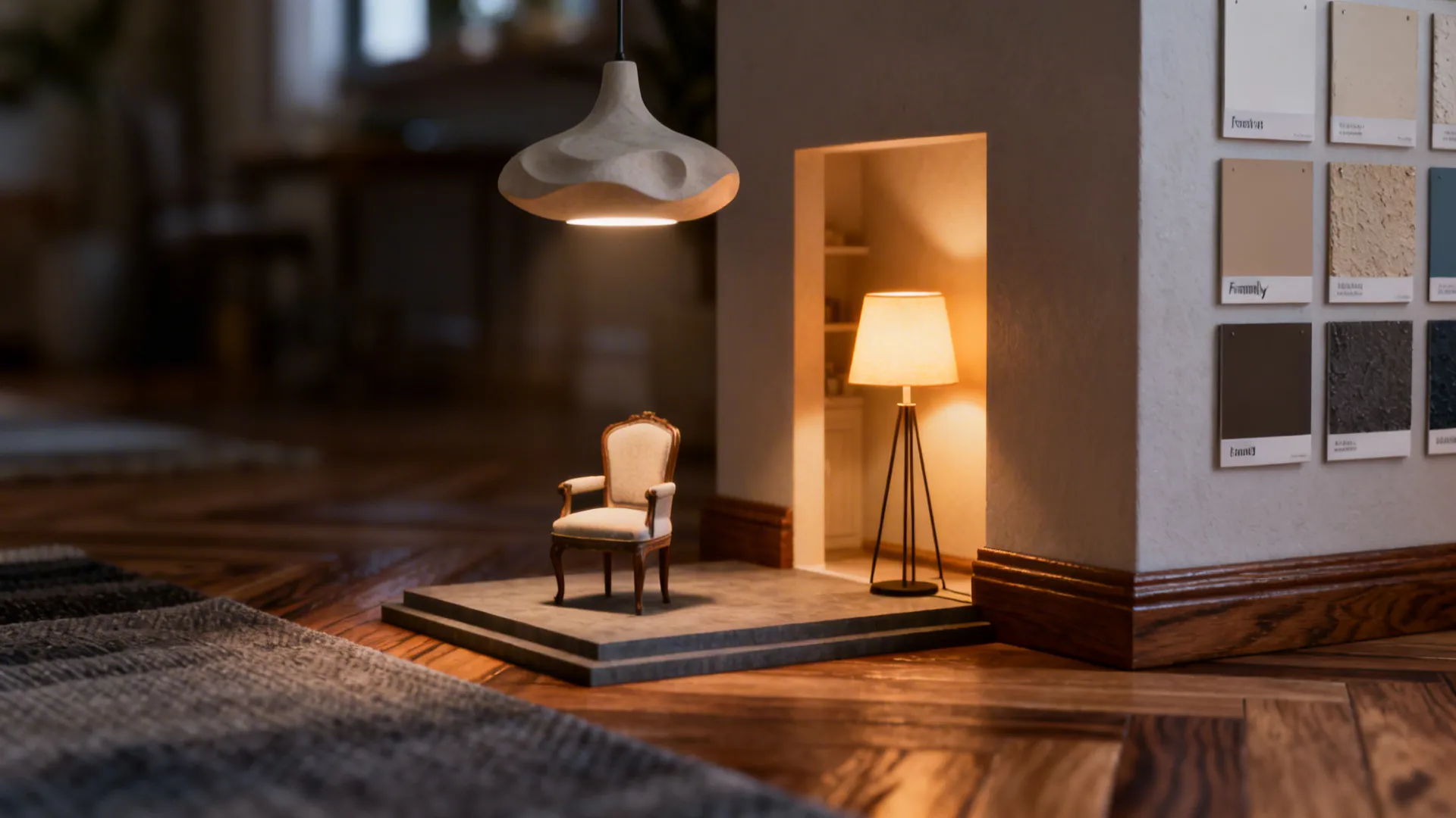 Detail of layered lighting and textured finishes: pendant, floor lamp, paint samples and wood grain close-up.