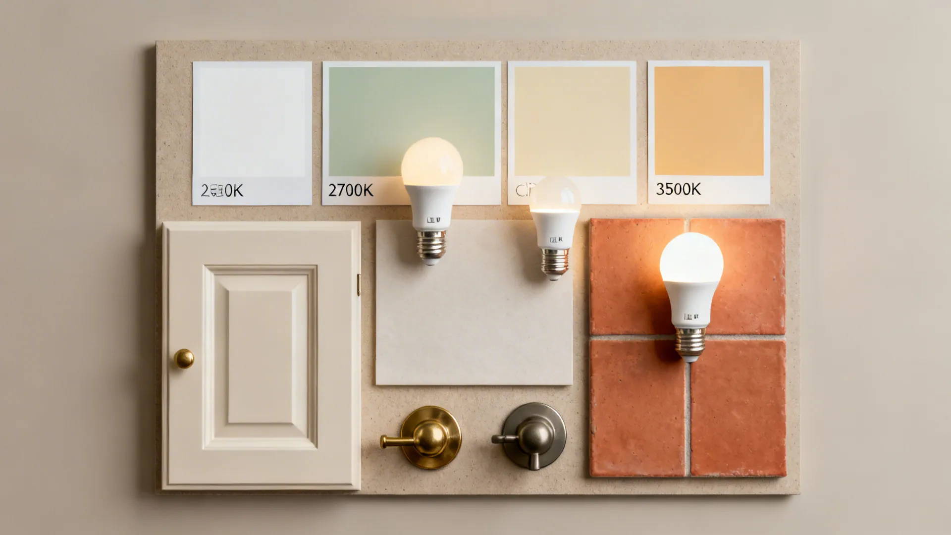 Flat lay of paint swatches, satin and matte samples, terracotta tile, metals, and warm vs cool LEDs.