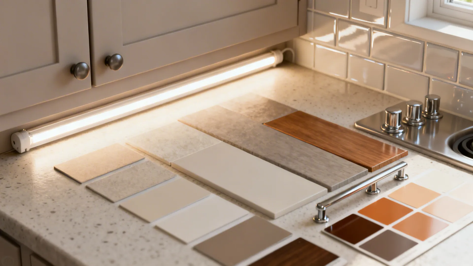 Material flatlay of lighting samples, matte and glossy finishes, and color swatches for a small kitchen.