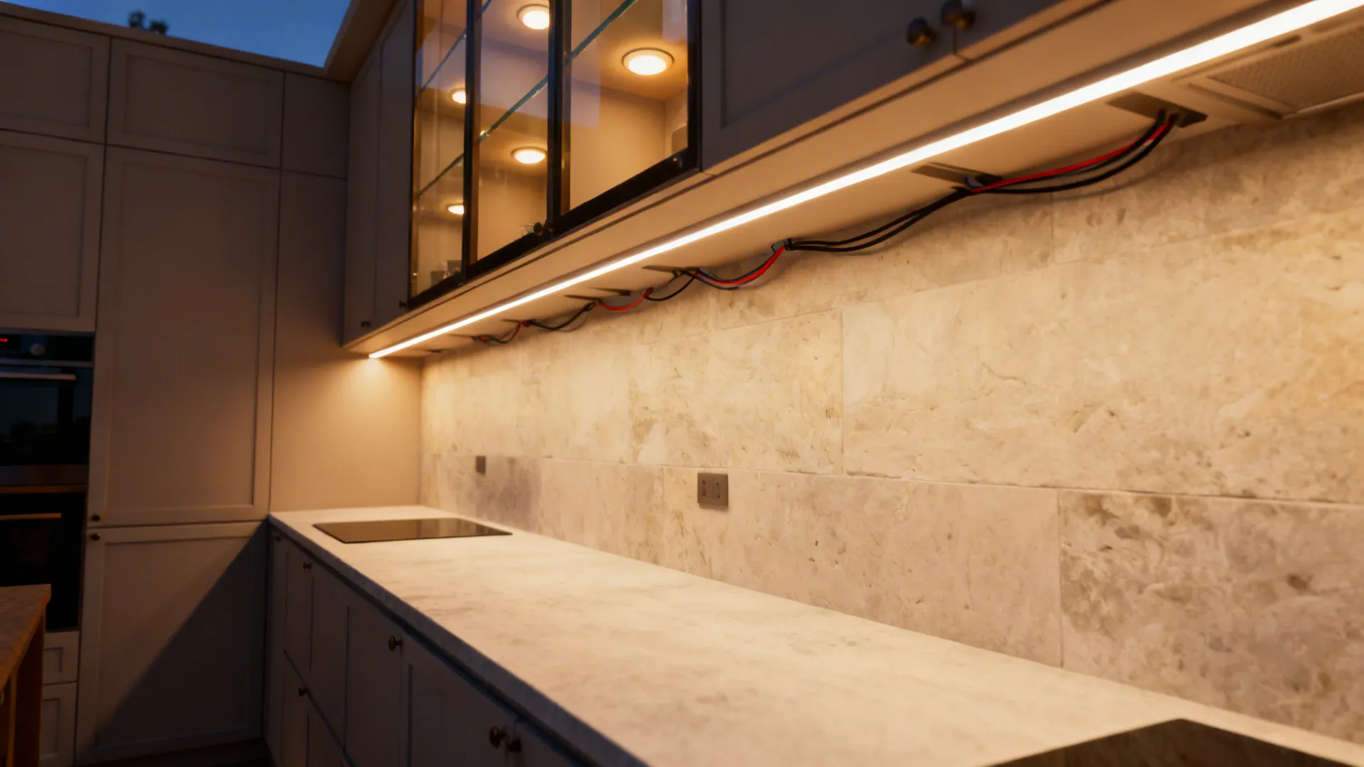 Overhead cabinets with warm under-cabinet LED strips and softly lit glass uppers.
