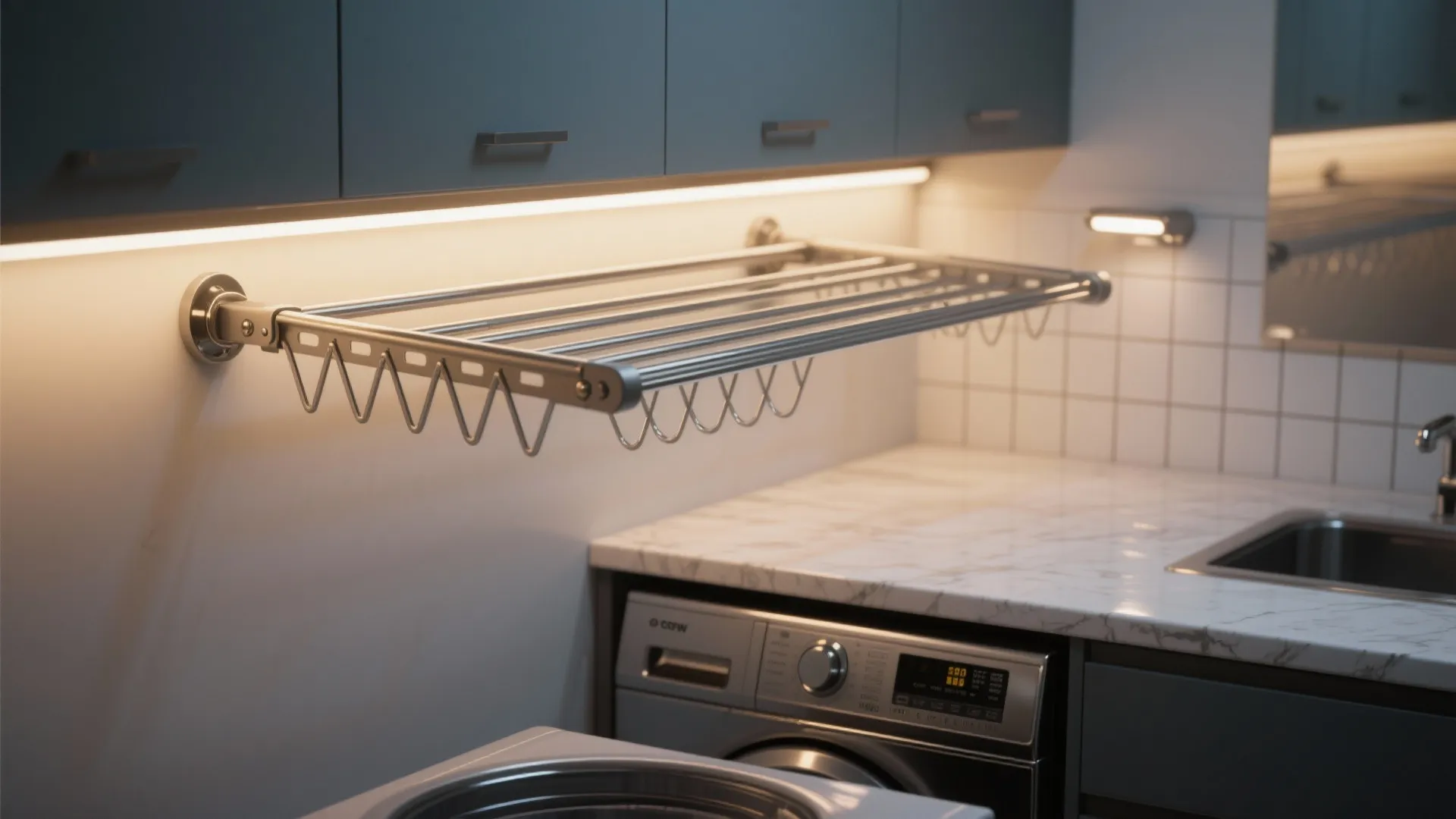 Modern laundry room featuring a wall mounted drying rack with hangers above a silver washer