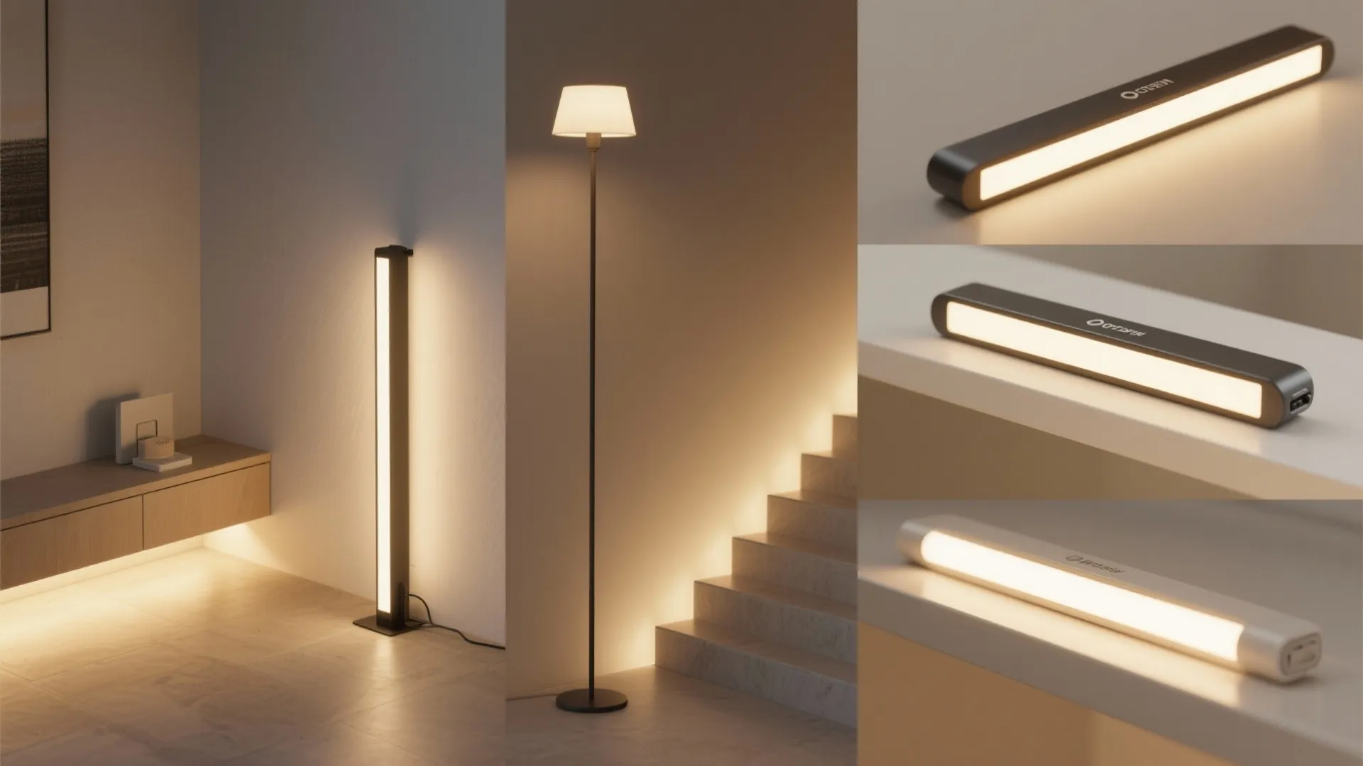 Collage of slim LED strips, recessed uplights, freestanding lamp, and stair linear lights