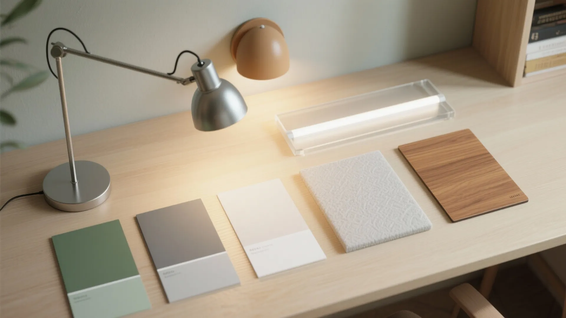 Flat lay of sage, stone, and chalk-white swatches with lamp parts, LED diffuser, fabric panel, and wood veneer.