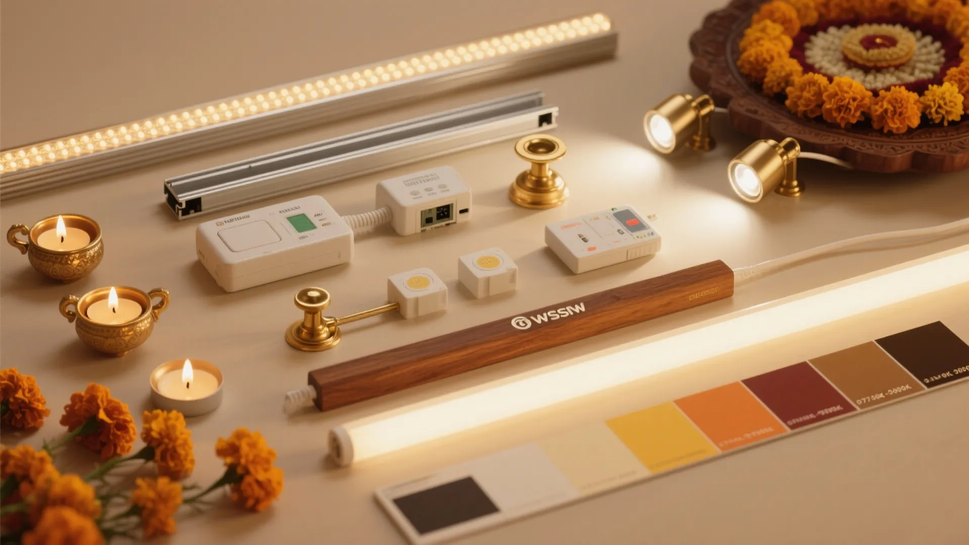 Collection of light fixtures with strip lights and small gold spotlights on a beige background