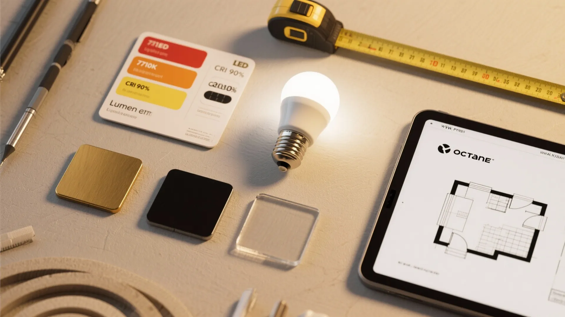 Flatlay of bulbs, color temperature swatches, CRI and lumen cards, finish samples and a floor plan tablet for lighting decisions.