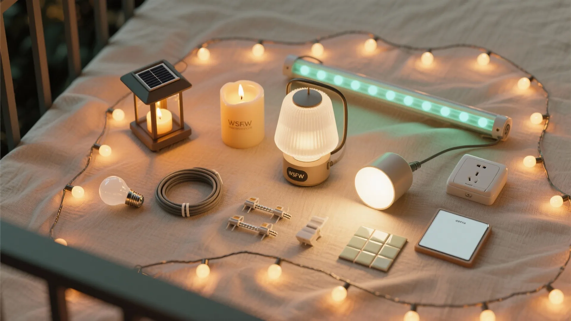 Assorted lighting equipment including light bulbs and string lights laid out on a beige cloth