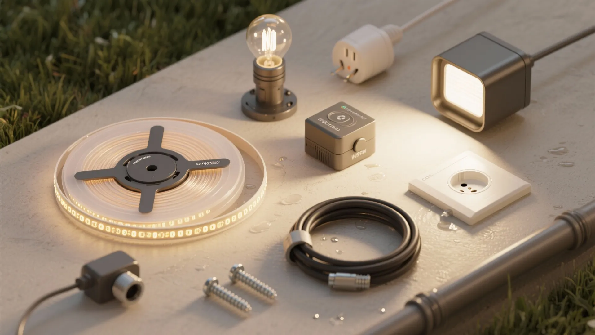 Collection of lighting tools including strip lights light bulb power plug and small black light fixture