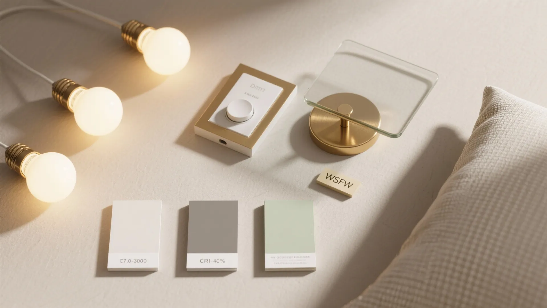 Interior design mood board featuring light bulbs light switch color swatches and a small glass tray