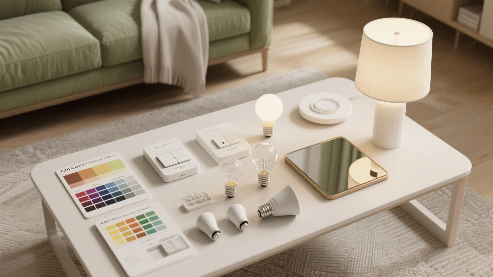 Table flatlay showing light bulbs, light switches, color cards, and a white lamp on coffee table