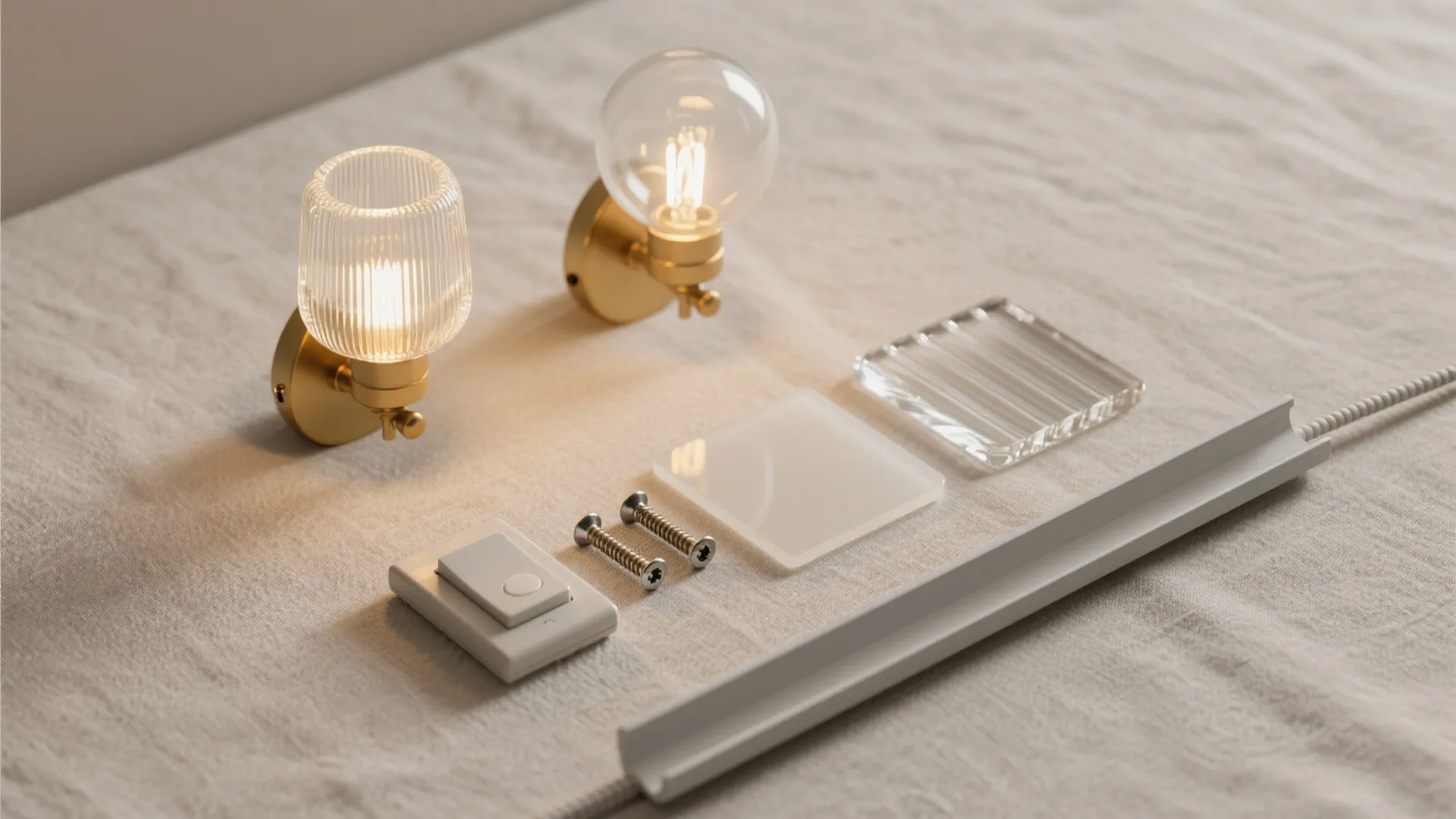 Flat lay of glass samples (clear, opal, fluted), two warm LED bulbs, dimmer, screws, and cord channel on neutral linen.