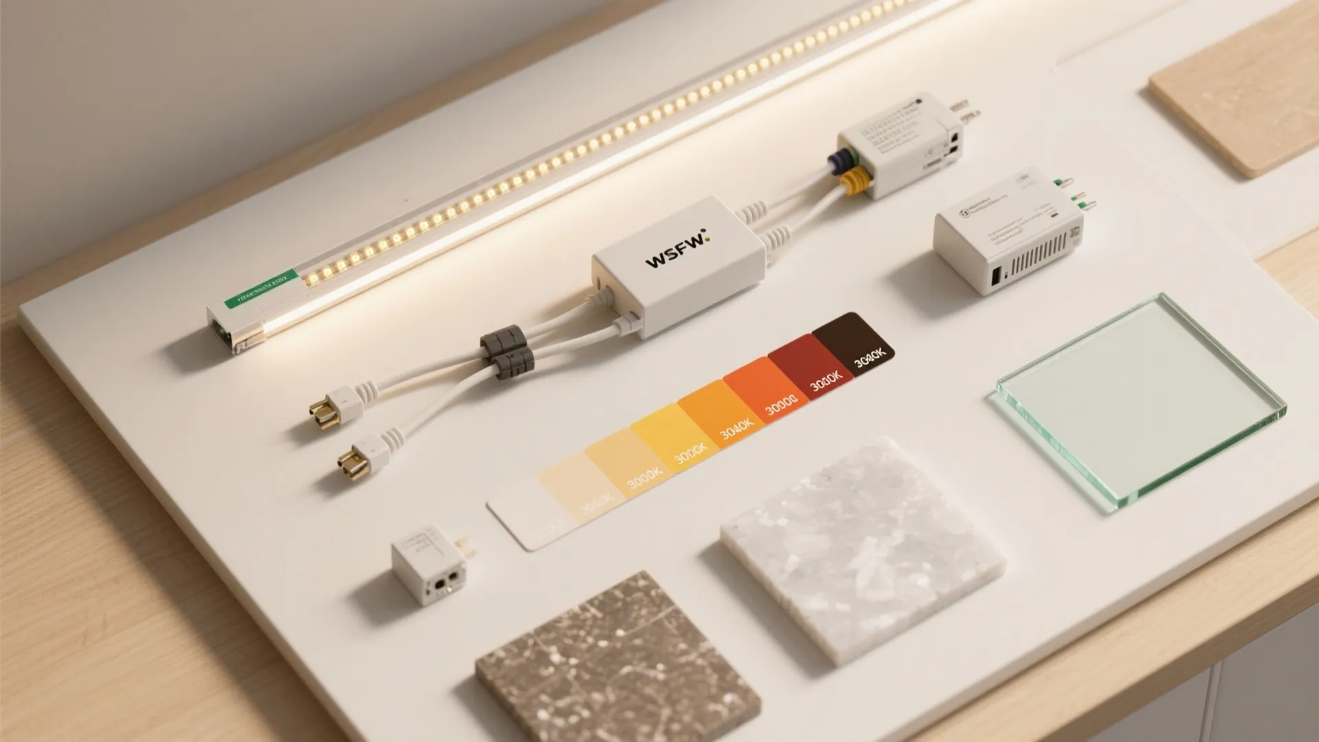 Table flatlay showing light strip equipment with power adapters and colored temperature charts for interior design