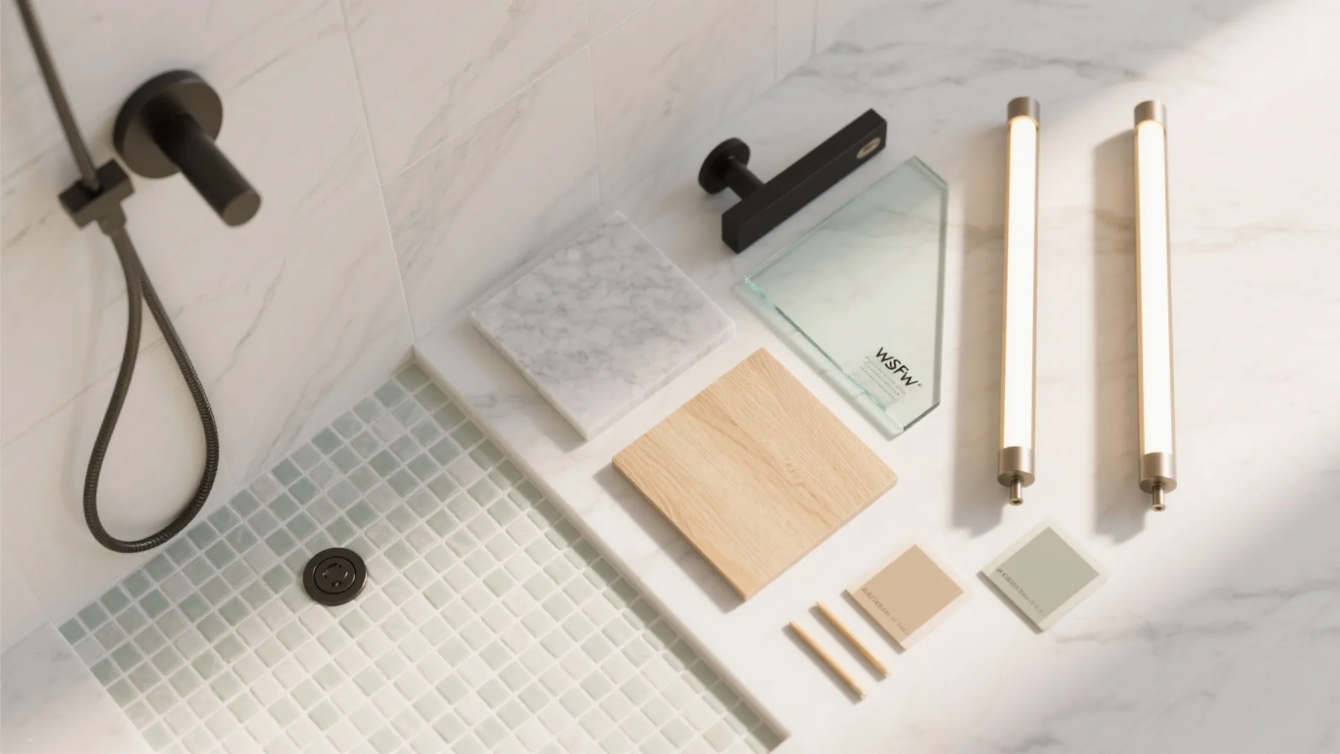 Layered lighting and pale materials to stretch space