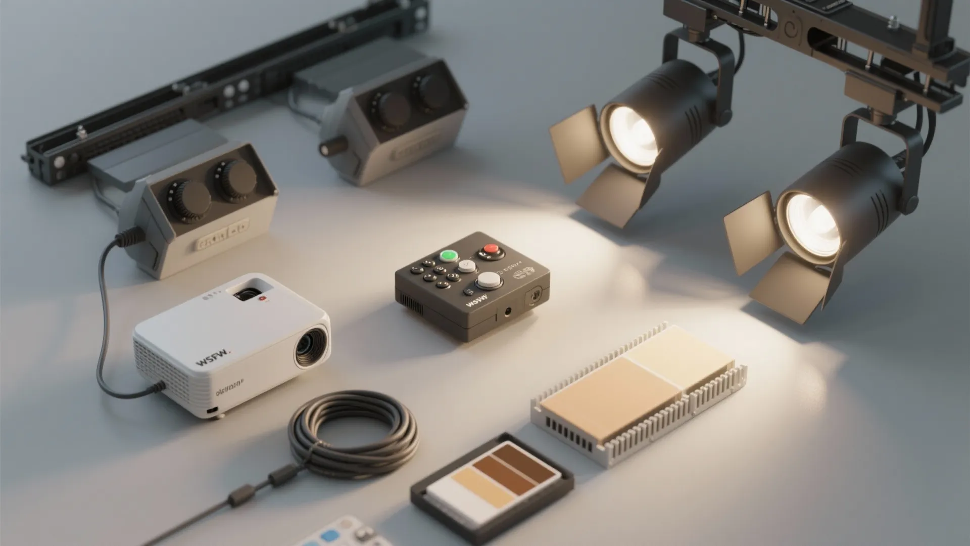 Collection of interior design tools including a small white projector plus two black stage lights