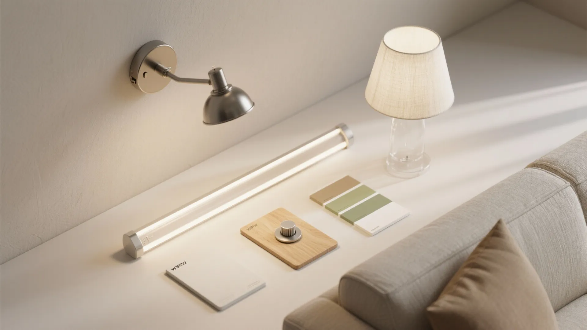 Wall light table lamp and light fixture display with color swatches and wooden interior materials