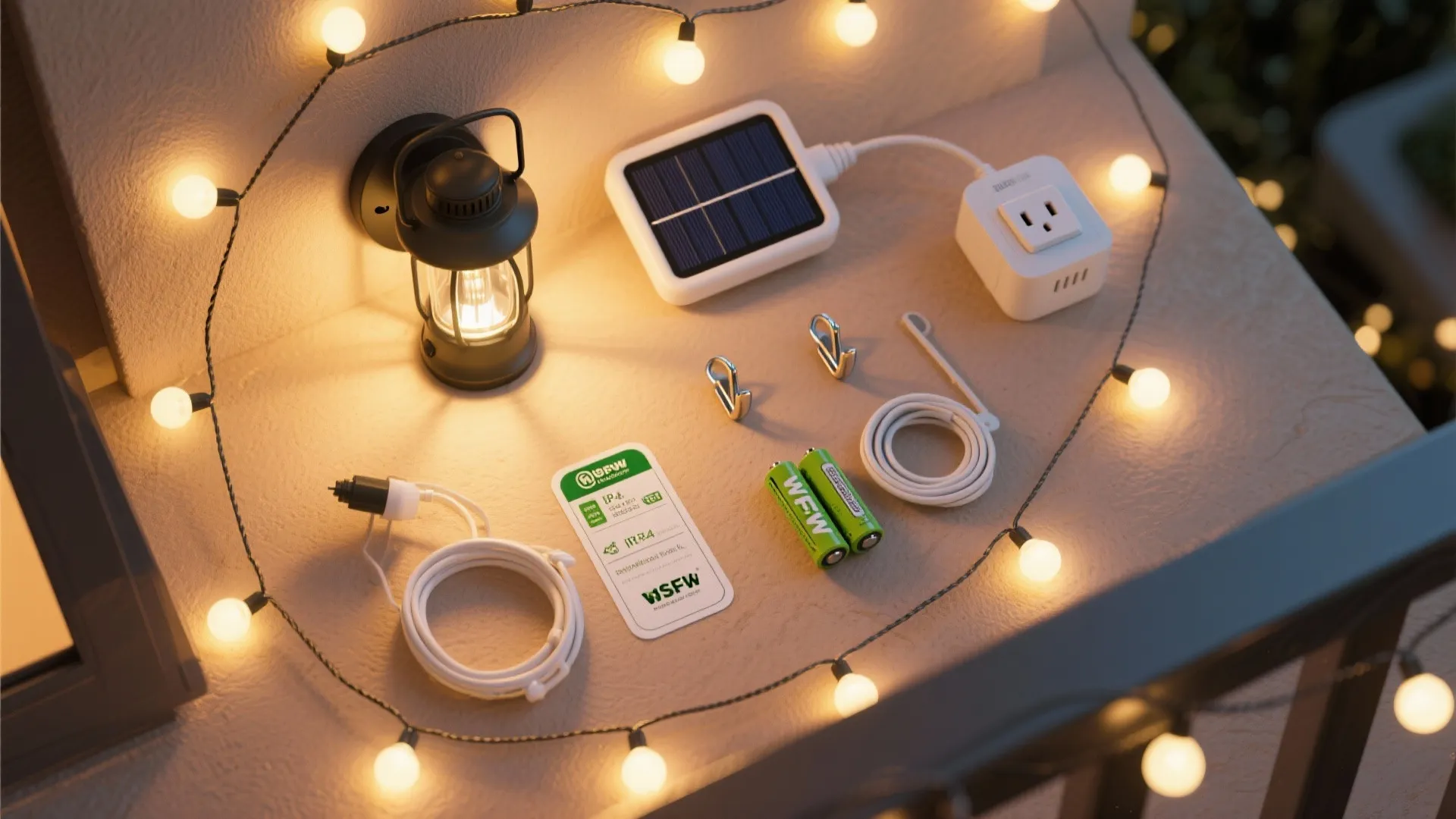Flat lay of solar string lights, lantern, motion sconce, smart plug, and hooks.