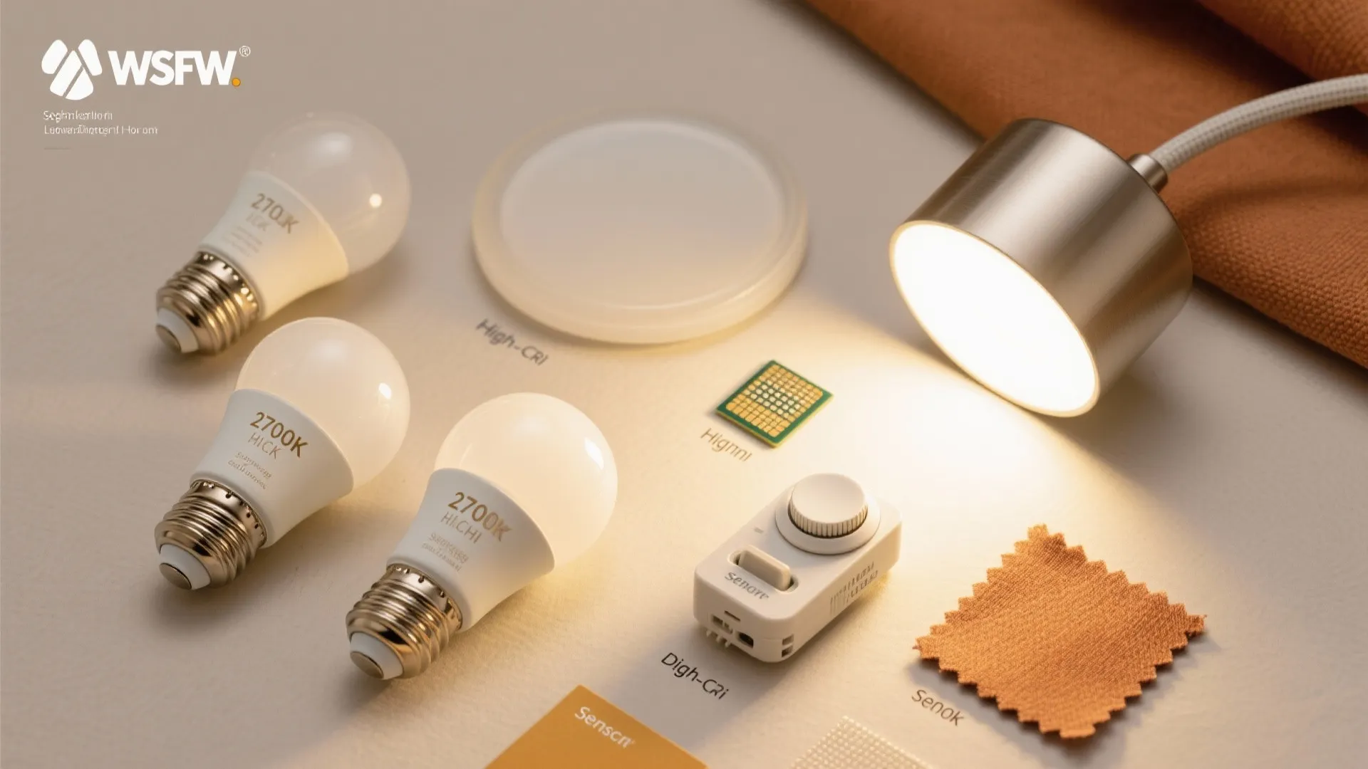 Collection of light bulbs dimmer switch and light fixture components on a beige flat surface