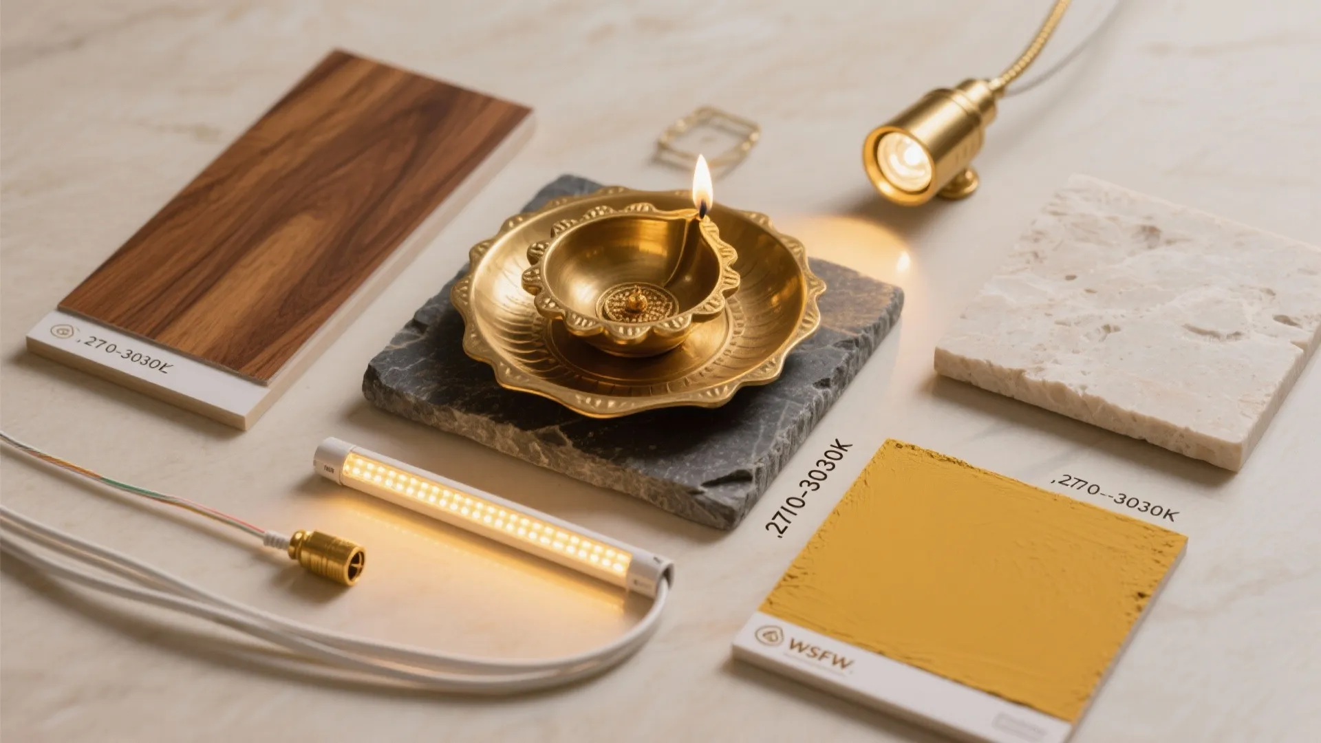 Flatlay of brass diya, LED strip, pinlight, heat-safe wiring, teak veneer, and honed granite samples.