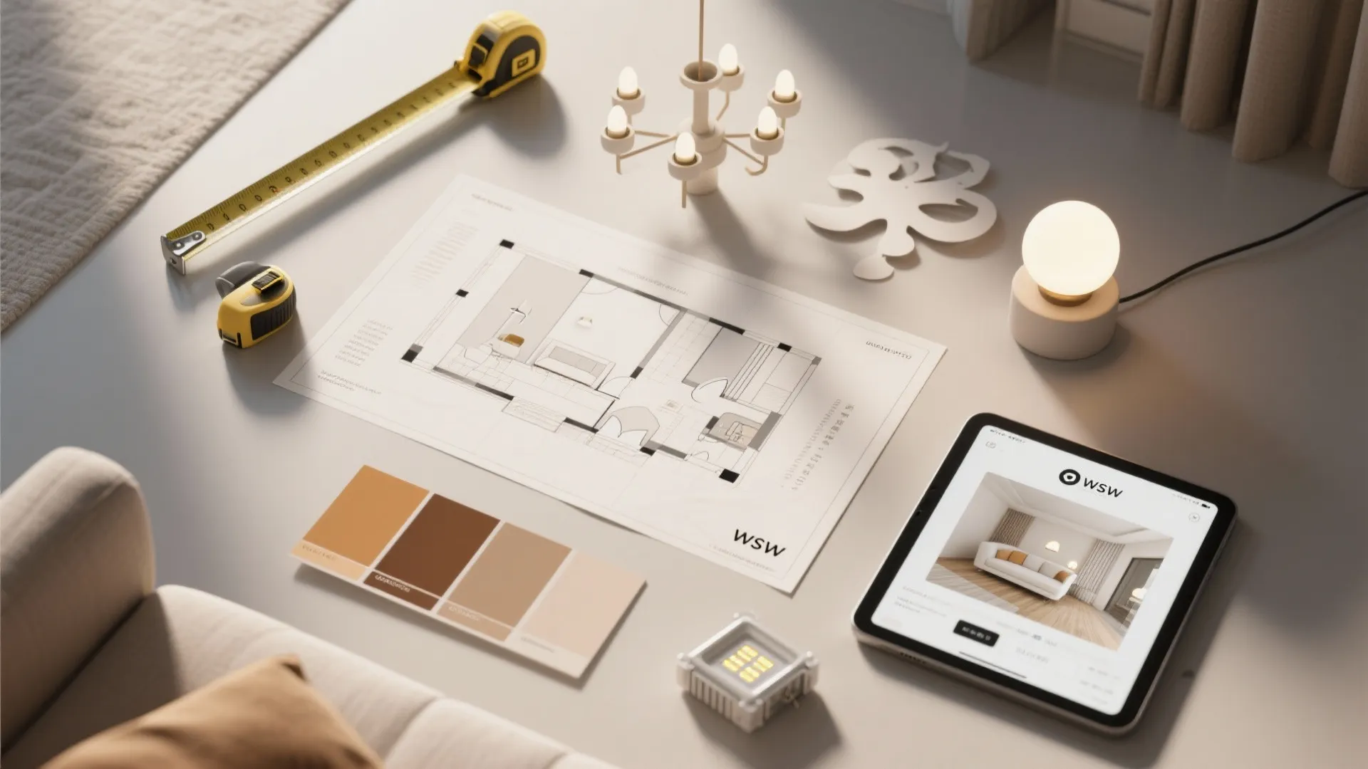 Top-down flatlay of room planner, scale templates, color swatches and lighting samples for chandelier selection.