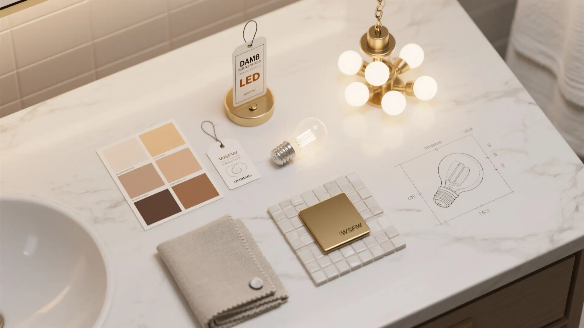 Interior design mood board with color samples, light bulbs, fabric, and gold metal on marble
