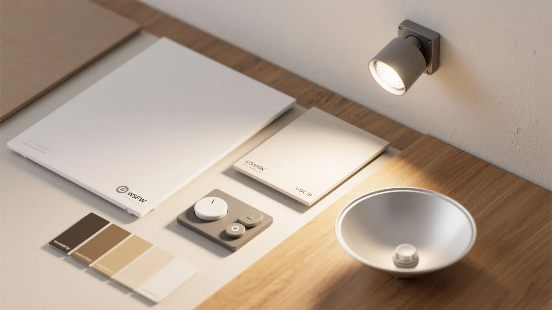 Minimalist flat lay with gray wall light, control switch, color swatches, and lighting design materials