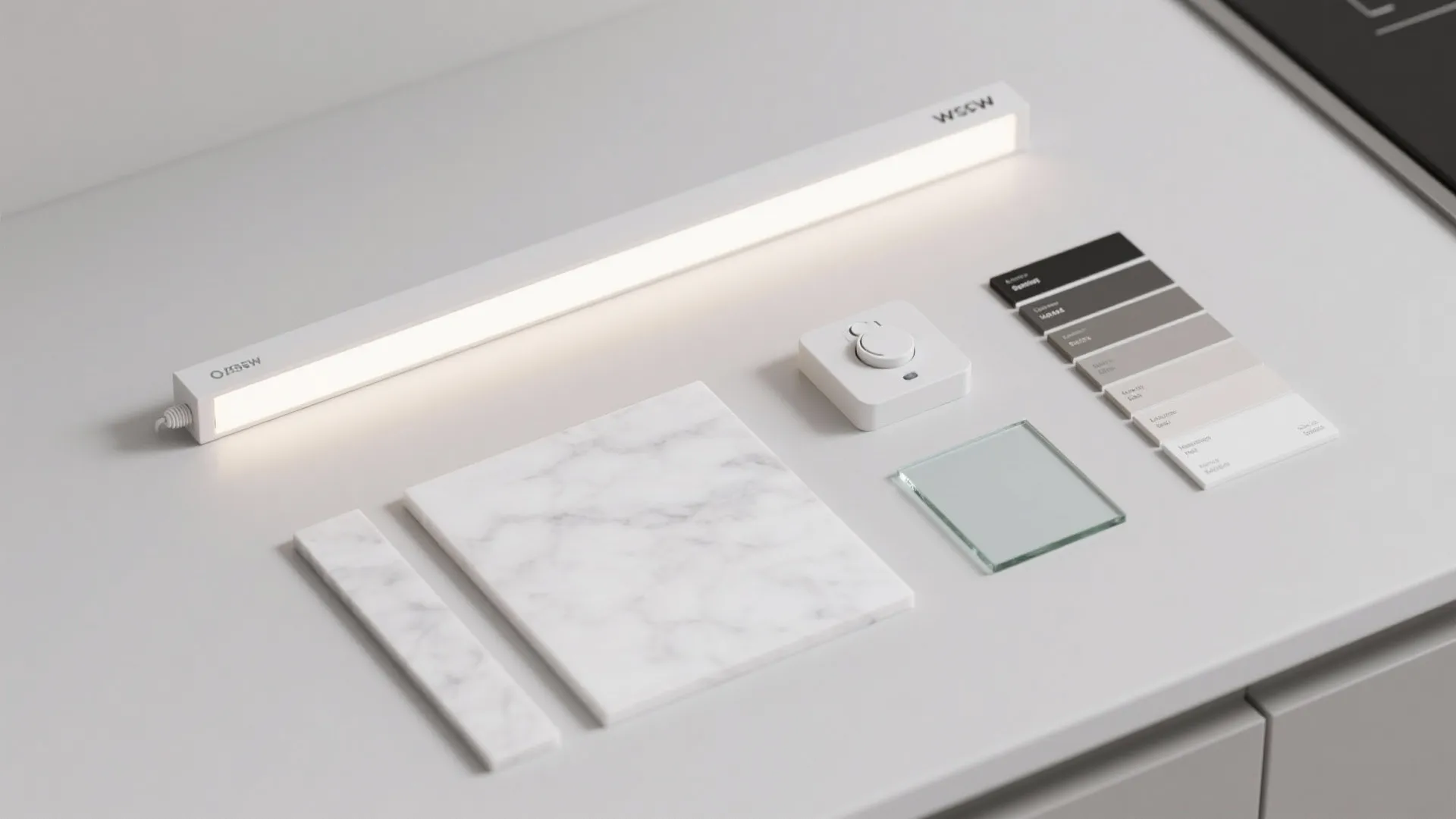 Modern light fixture on table with marble samples color swatches and a white dimmer switch