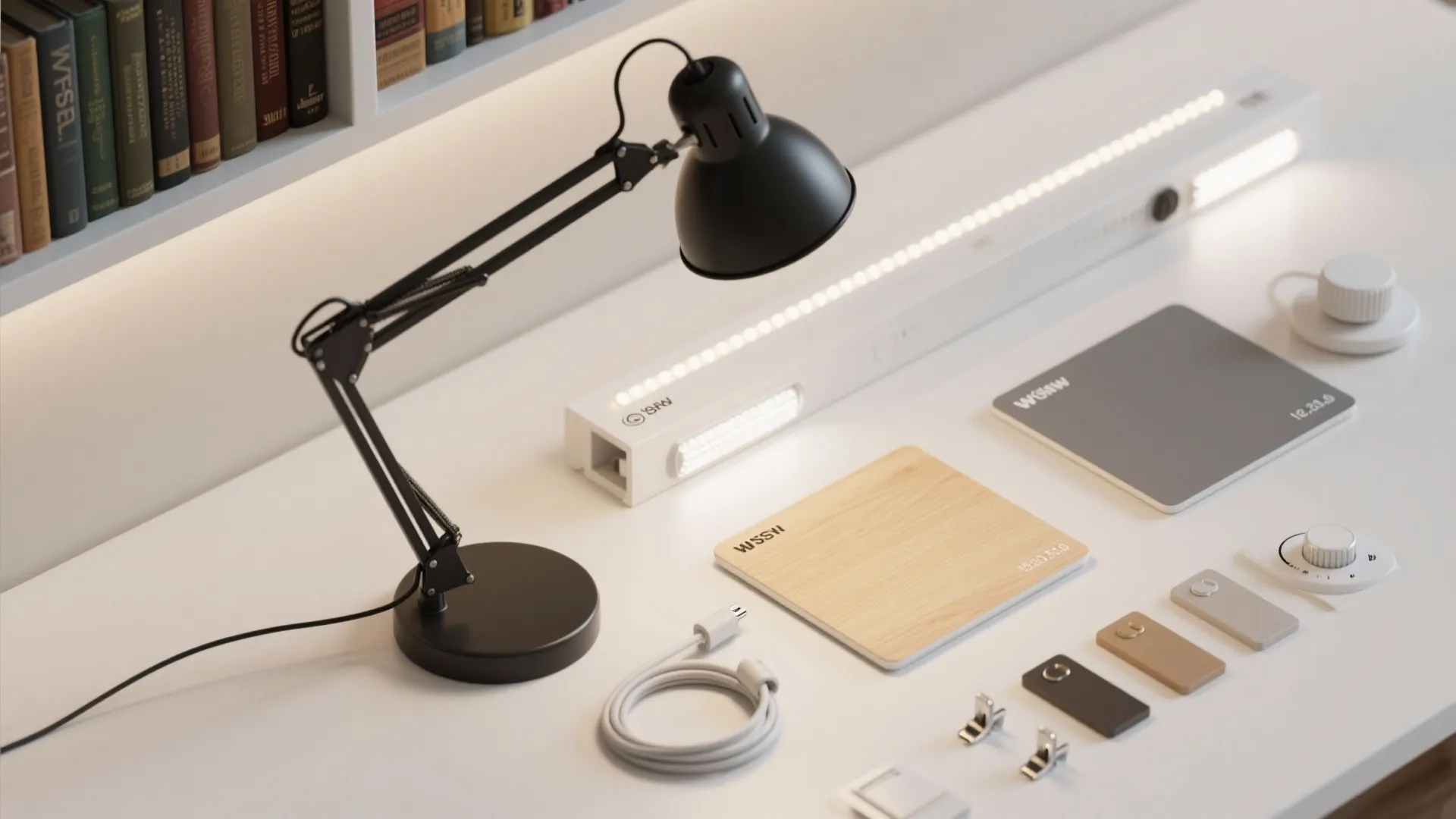 Desk with black table lamp white light fixture wood samples and various small smart home gadgets