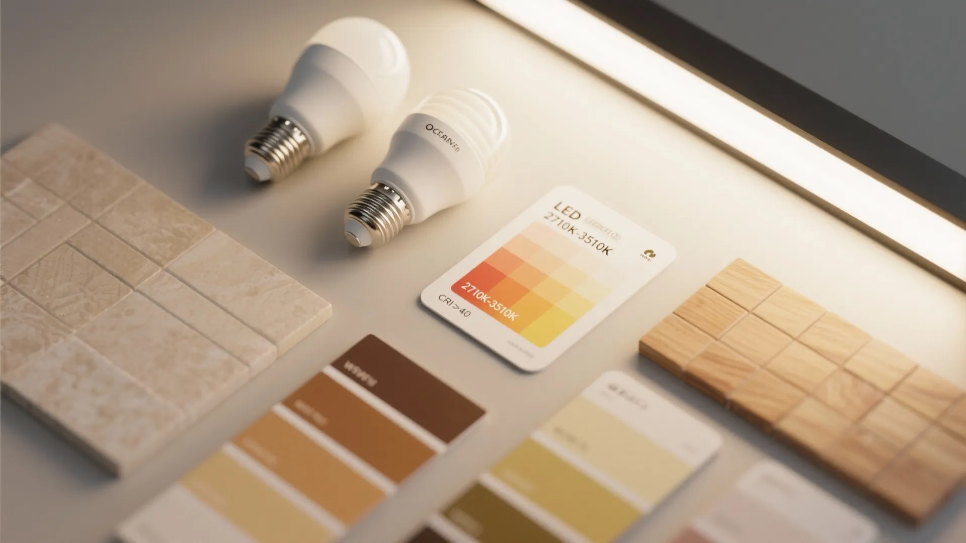 Flatlay of bulb color temperature samples, CRI cards, and material swatches for vanity lighting selection